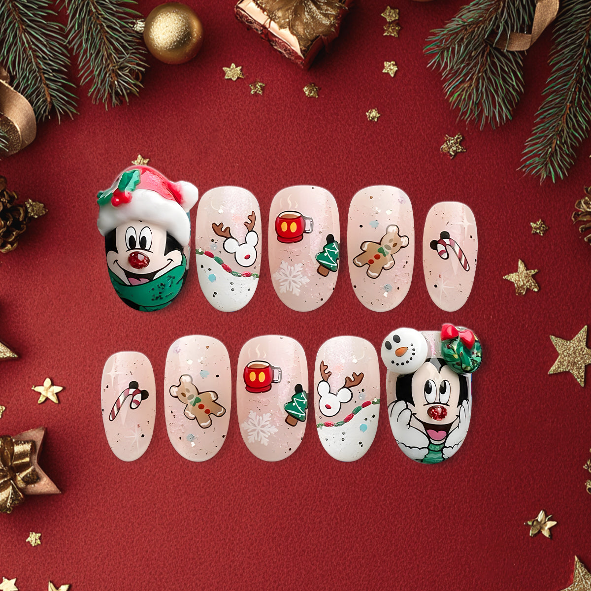 Christmas Cartoon Press-On Nails, Cute Mickey &amp; Minnie Holiday Nail Art with Gingerbread, Candy Cane &amp; Snowflakes