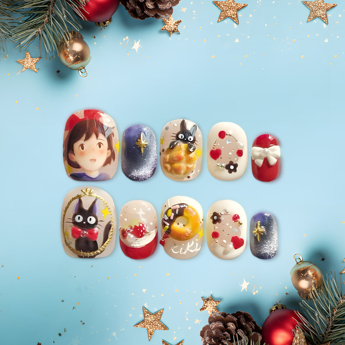 Kiki’s Delivery Service 3D Press-On Nails, Studio Ghibli Inspired Nail Set with Jiji Cat &amp; Kiki Design, Cute Anime Nail Art