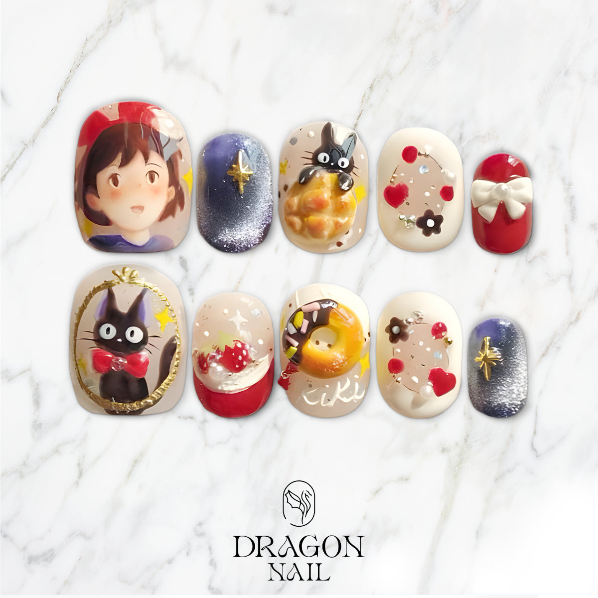 Kiki’s Delivery Service 3D Press-On Nails, Studio Ghibli Inspired Nail Set with Jiji Cat &amp; Kiki Design, Cute Anime Nail Art