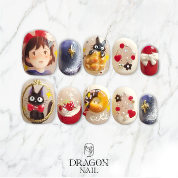 Kiki’s Delivery Service 3D Press-On Nails, Studio Ghibli Inspired Nail Set with Jiji Cat &amp; Kiki Design, Cute Anime Nail Art