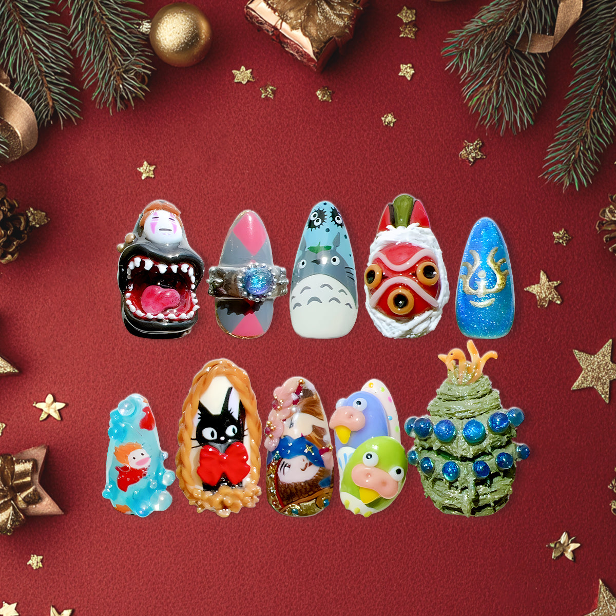 Studio Ghibli 3D Mixed Character Press-On Nails, Totoro, Spirited Away, Howl’s Moving Castle, Ponyo, Kiki Nail Art Set