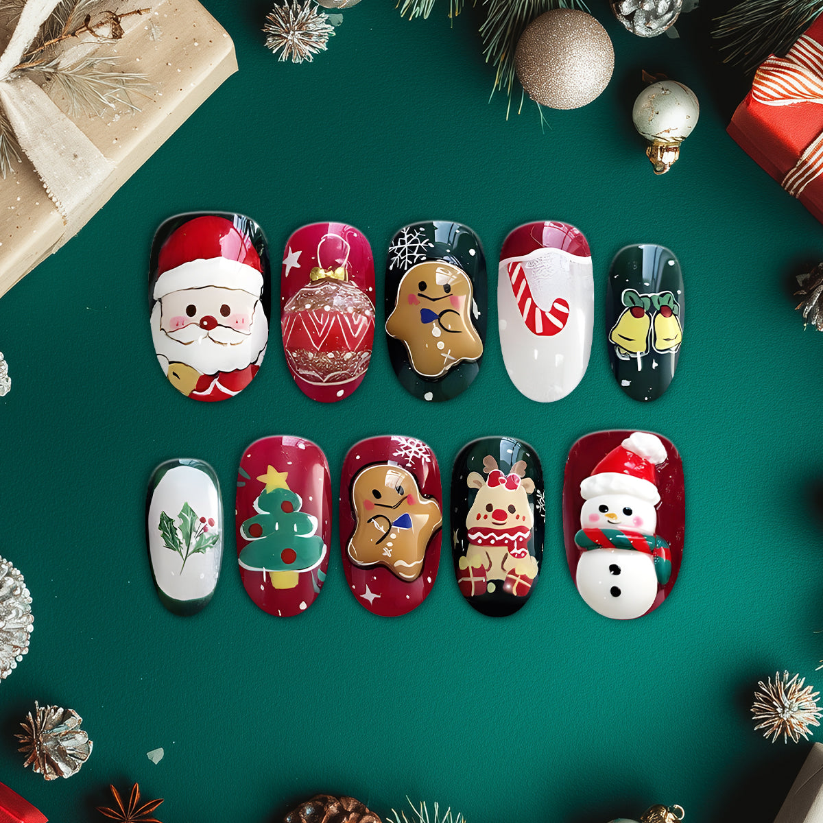 Christmas Press-On Nails, Cute Santa &amp; Snowman Holiday Nail Art Set, Gingerbread &amp; Candy Cane Festive Nails for Winter