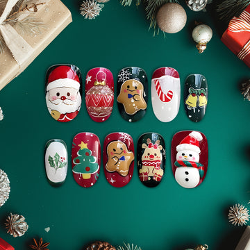 Christmas Press-On Nails, Cute Santa &amp; Snowman Holiday Nail Art Set, Gingerbread &amp; Candy Cane Festive Nails for Winter