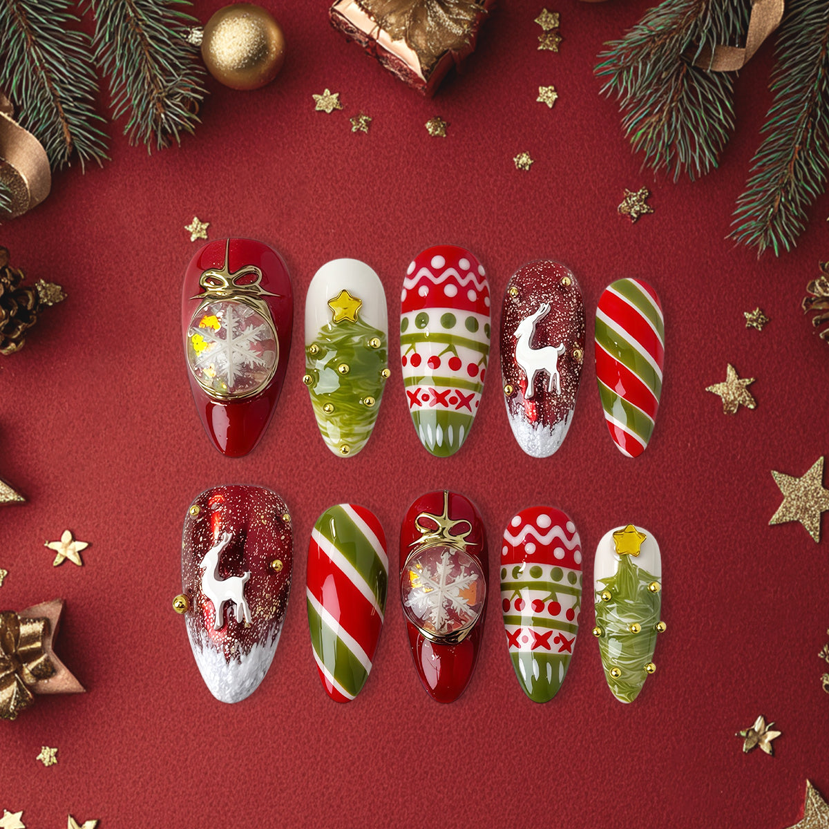 Red &amp; Green Christmas Press-On Nails, 3D Reindeer and Ornament Nail Set, Festive Holiday Sweater Nails