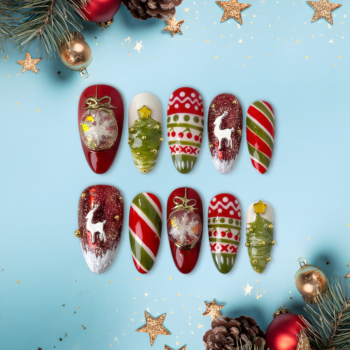 Red &amp; Green Christmas Press-On Nails, 3D Reindeer and Ornament Nail Set, Festive Holiday Sweater Nails