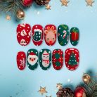 Cute 3D Christmas Press-On Nails, Red &amp; Green Holiday Nail Set with Reindeer, Santa, and Snowman Designs
