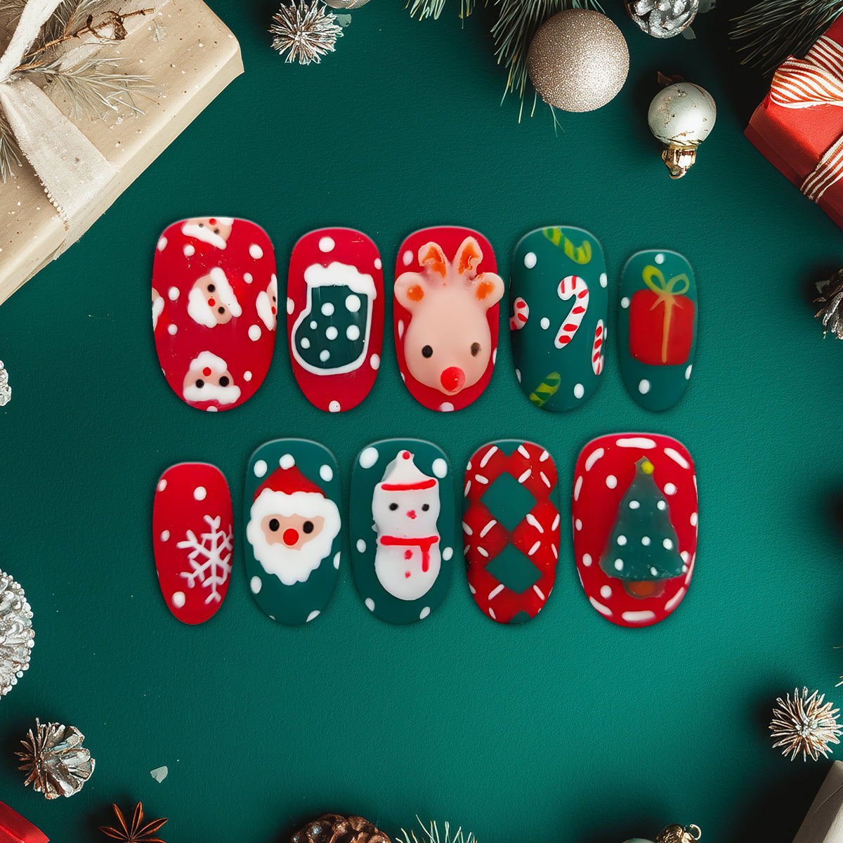Cute 3D Christmas Press-On Nails, Red &amp; Green Holiday Nail Set with Reindeer, Santa, and Snowman Designs
