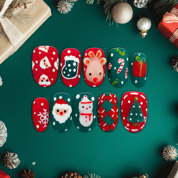 Cute 3D Christmas Press-On Nails, Red &amp; Green Holiday Nail Set with Reindeer, Santa, and Snowman Designs