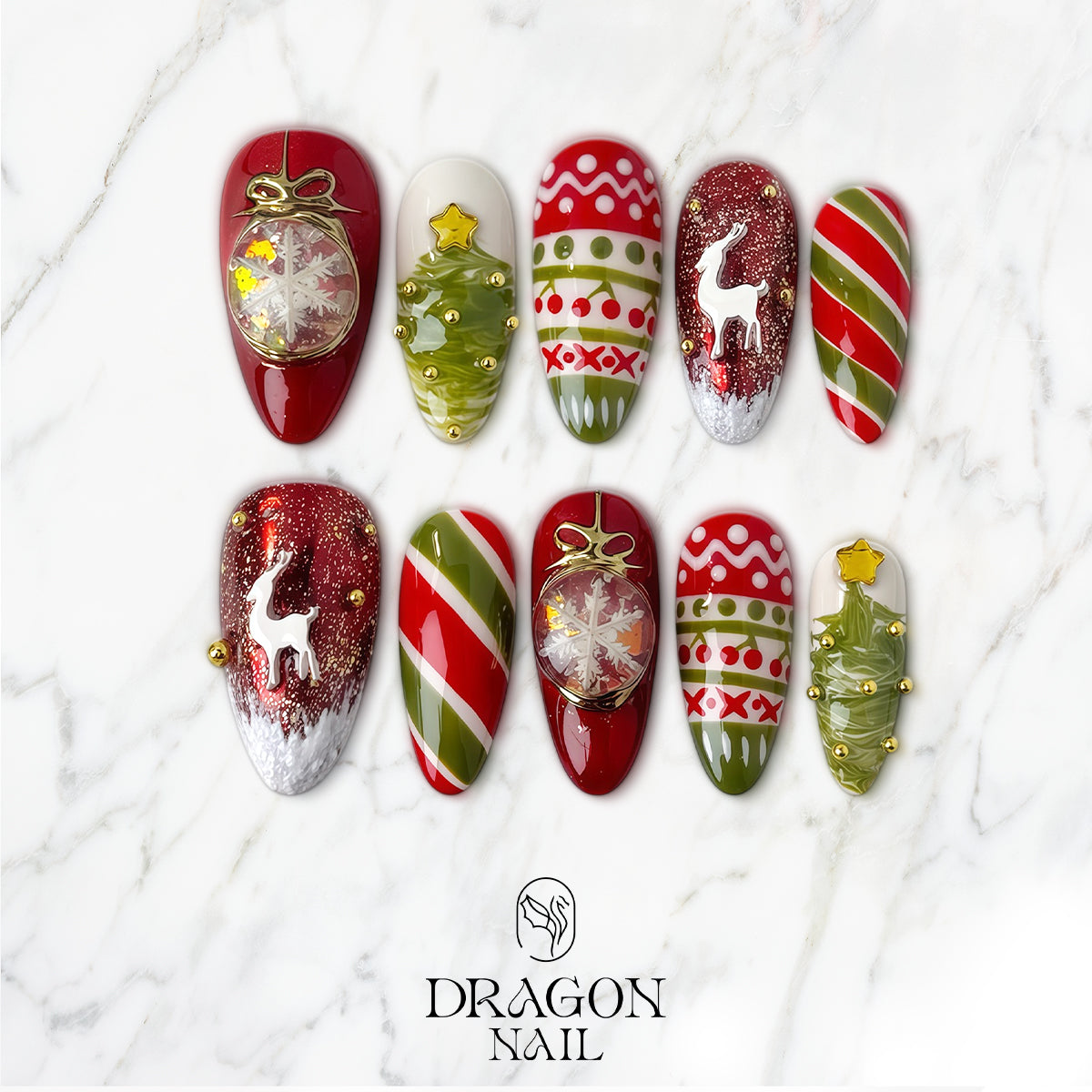 Red &amp; Green Christmas Press-On Nails, 3D Reindeer and Ornament Nail Set, Festive Holiday Sweater Nails