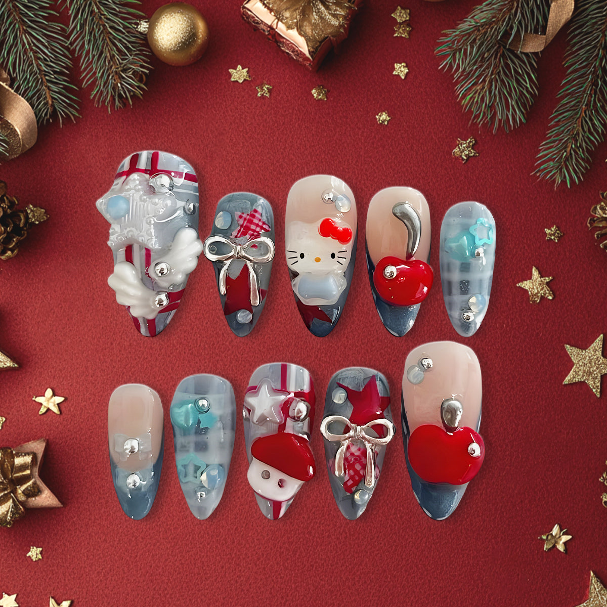 Cute 3D Hello Kitty Press-On Nails, Red &amp; Blue Plaid Nail Set with Bow, Star &amp; Cherry Charms