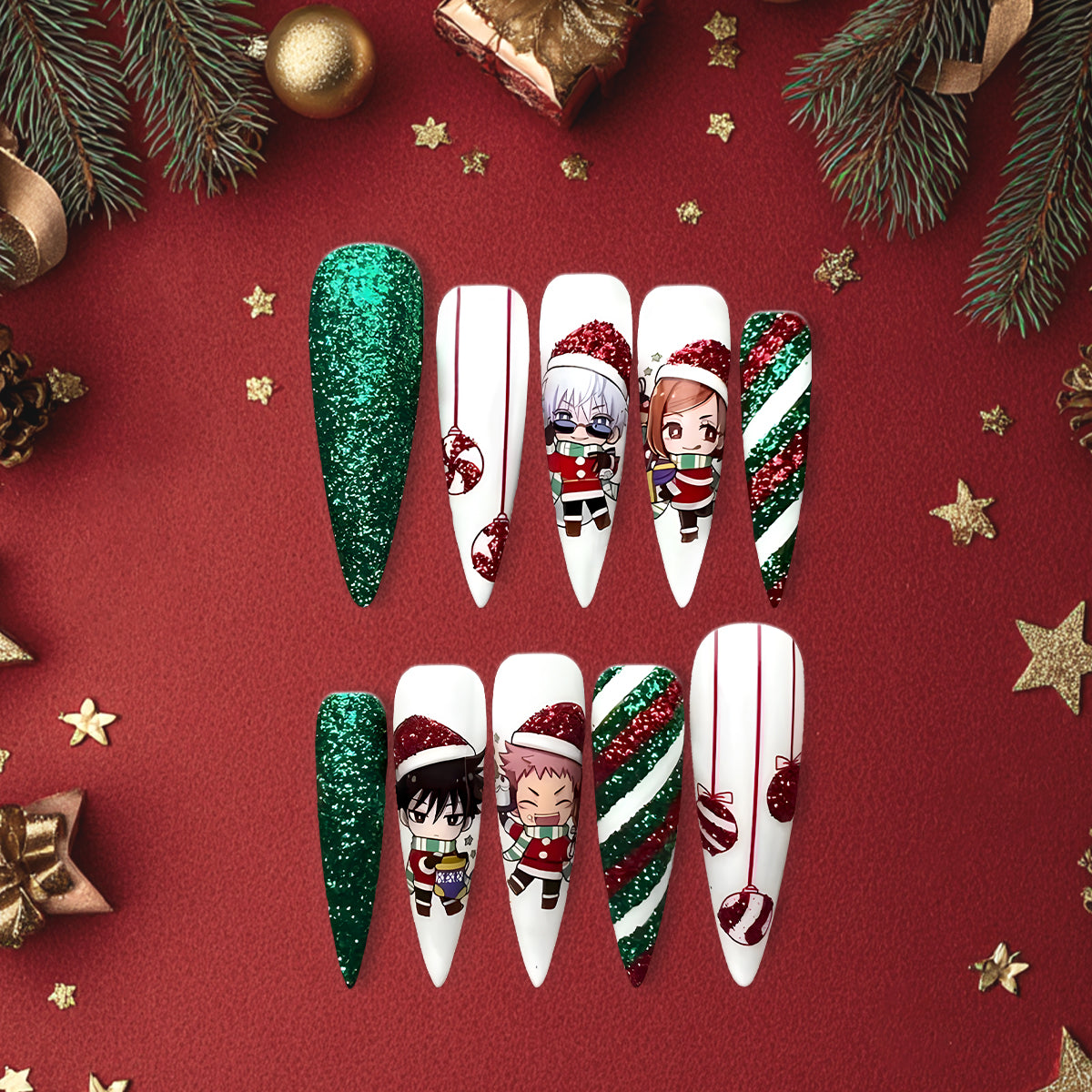 Jujutsu Kaisen Holiday Nail Set, Glitter Candy Cane Design with Chibi Characters