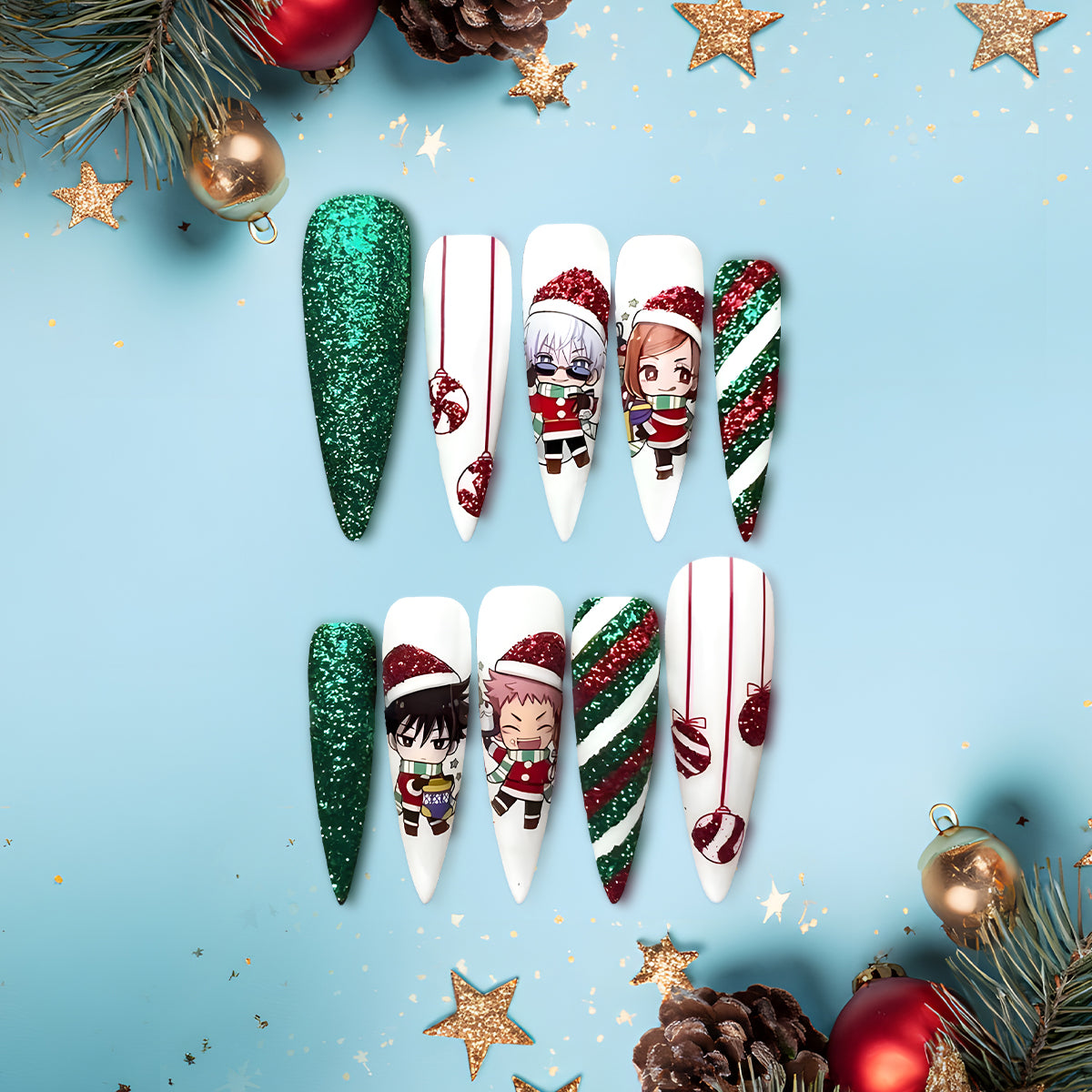 Jujutsu Kaisen Holiday Nail Set, Glitter Candy Cane Design with Chibi Characters