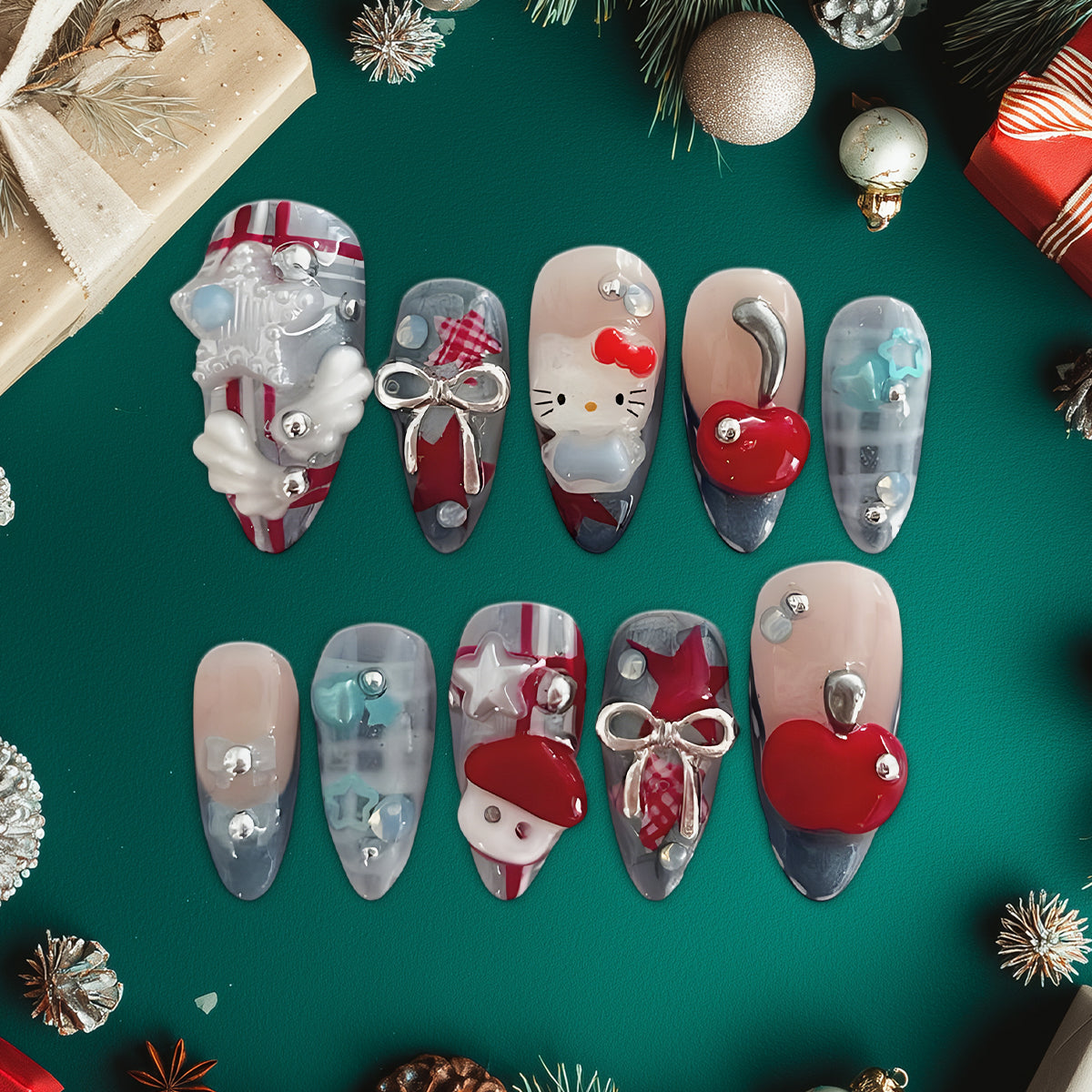 Cute 3D Hello Kitty Press-On Nails, Red &amp; Blue Plaid Nail Set with Bow, Star &amp; Cherry Charms