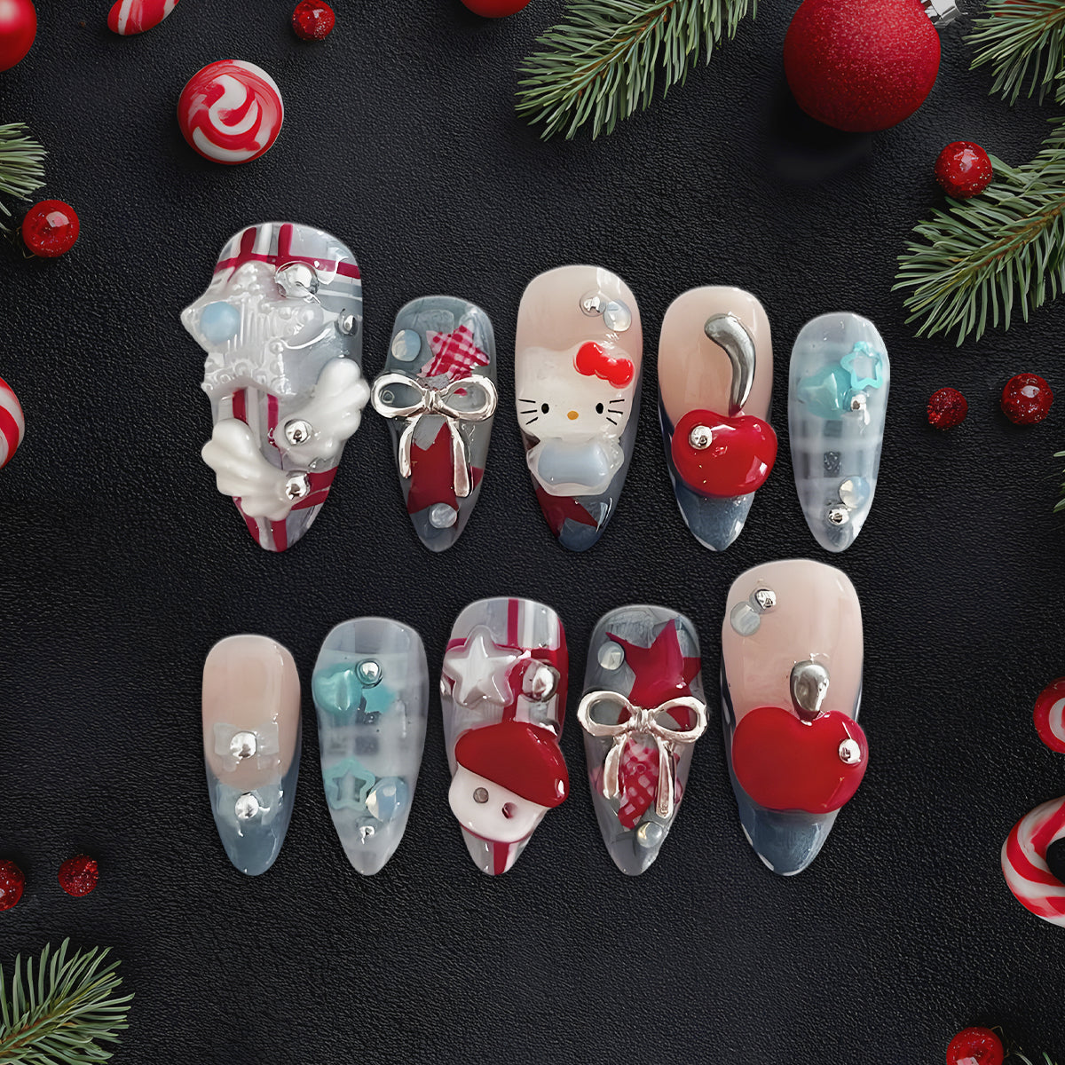 Cute 3D Hello Kitty Press-On Nails, Red &amp; Blue Plaid Nail Set with Bow, Star &amp; Cherry Charms