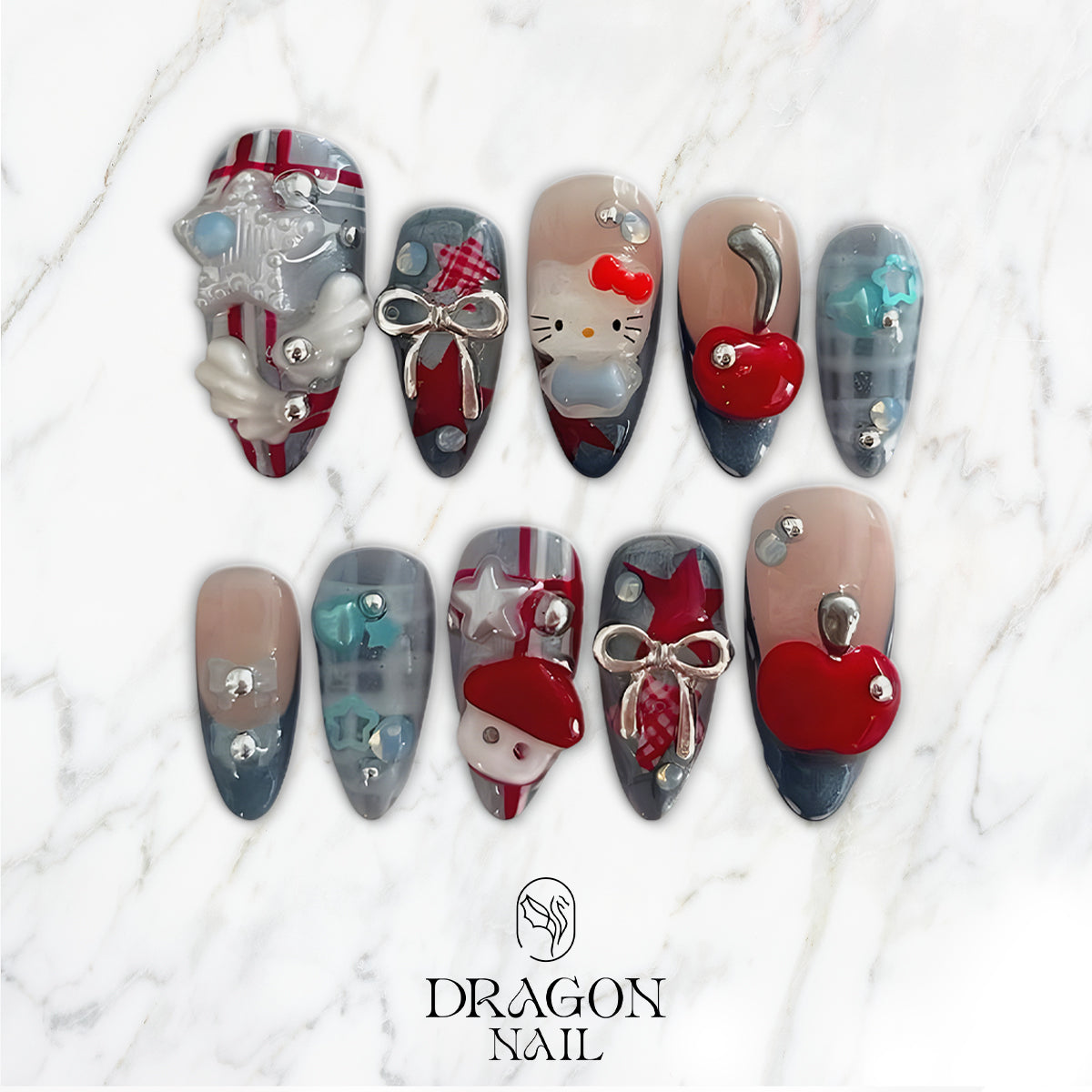 Cute 3D Hello Kitty Press-On Nails, Red &amp; Blue Plaid Nail Set with Bow, Star &amp; Cherry Charms