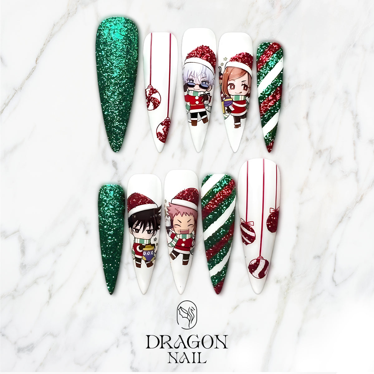 Jujutsu Kaisen Holiday Nail Set, Glitter Candy Cane Design with Chibi Characters
