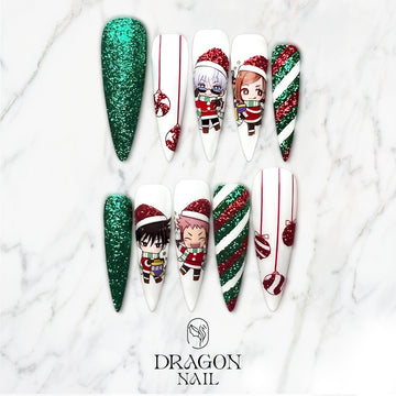 Jujutsu Kaisen Holiday Nail Set, Glitter Candy Cane Design with Chibi Characters