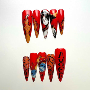 Portgas D. Ace Nails – One Piece Anime Press-On Set, Fire Fist &amp; Flaming Tattoo Red Design | Dragonnail