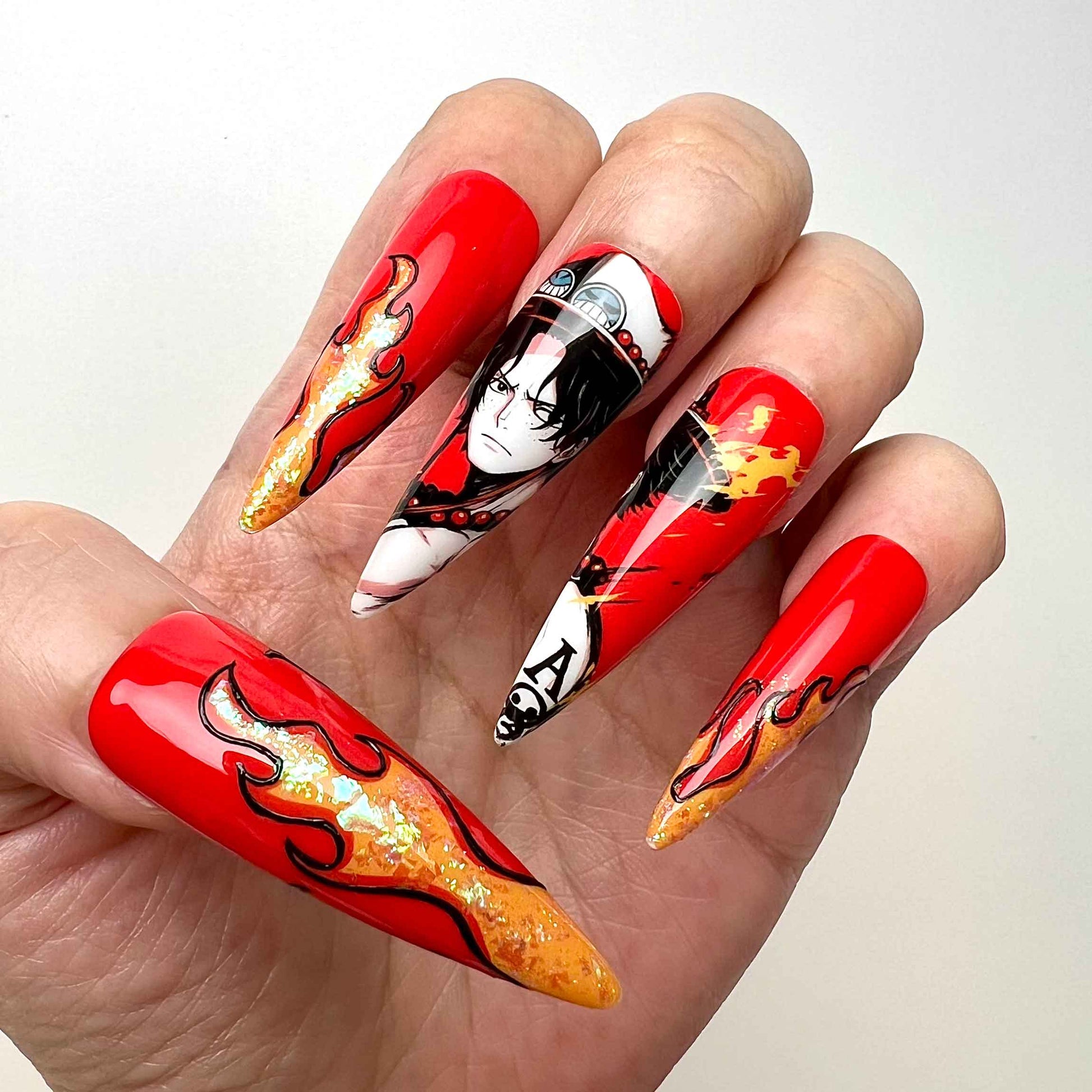 Portgas D. Ace Nails – One Piece Anime Press-On Set, Fire Fist &amp; Flaming Tattoo Red Design | Dragonnail