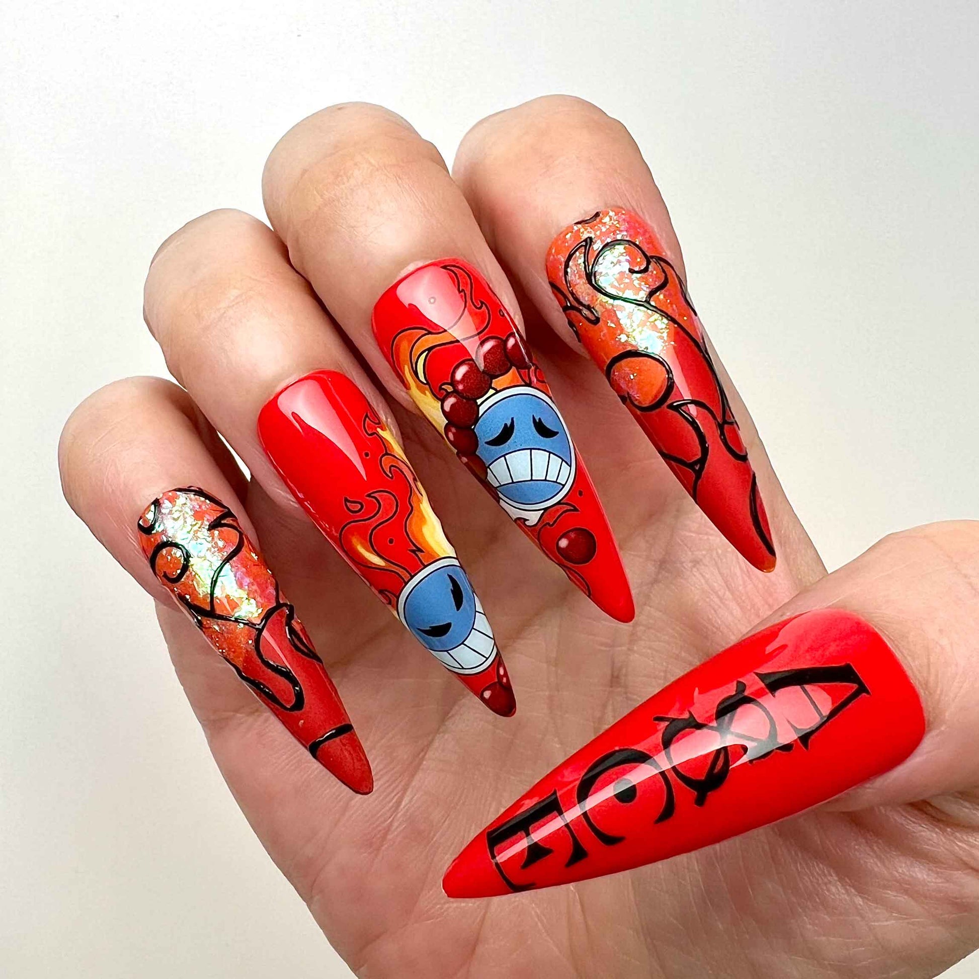 Portgas D. Ace Nails – One Piece Anime Press-On Set, Fire Fist &amp; Flaming Tattoo Red Design | Dragonnail