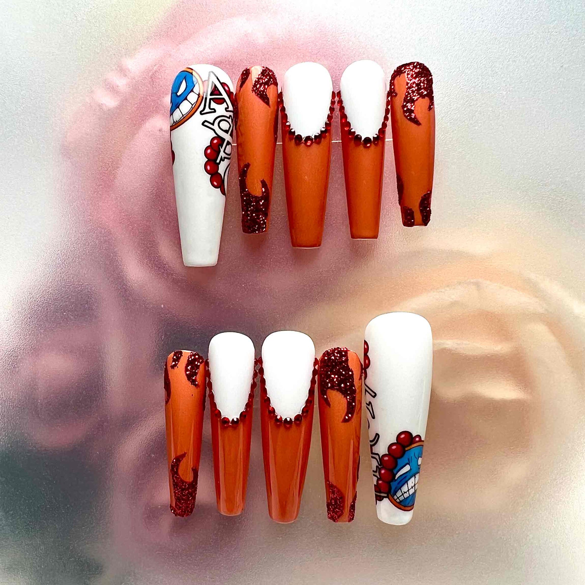 Portgas D. Ace Nails – One Piece Anime Press-On Set, 3D Red Gem, Fire Fist &amp; Orange Ombré Design | Dragonnail