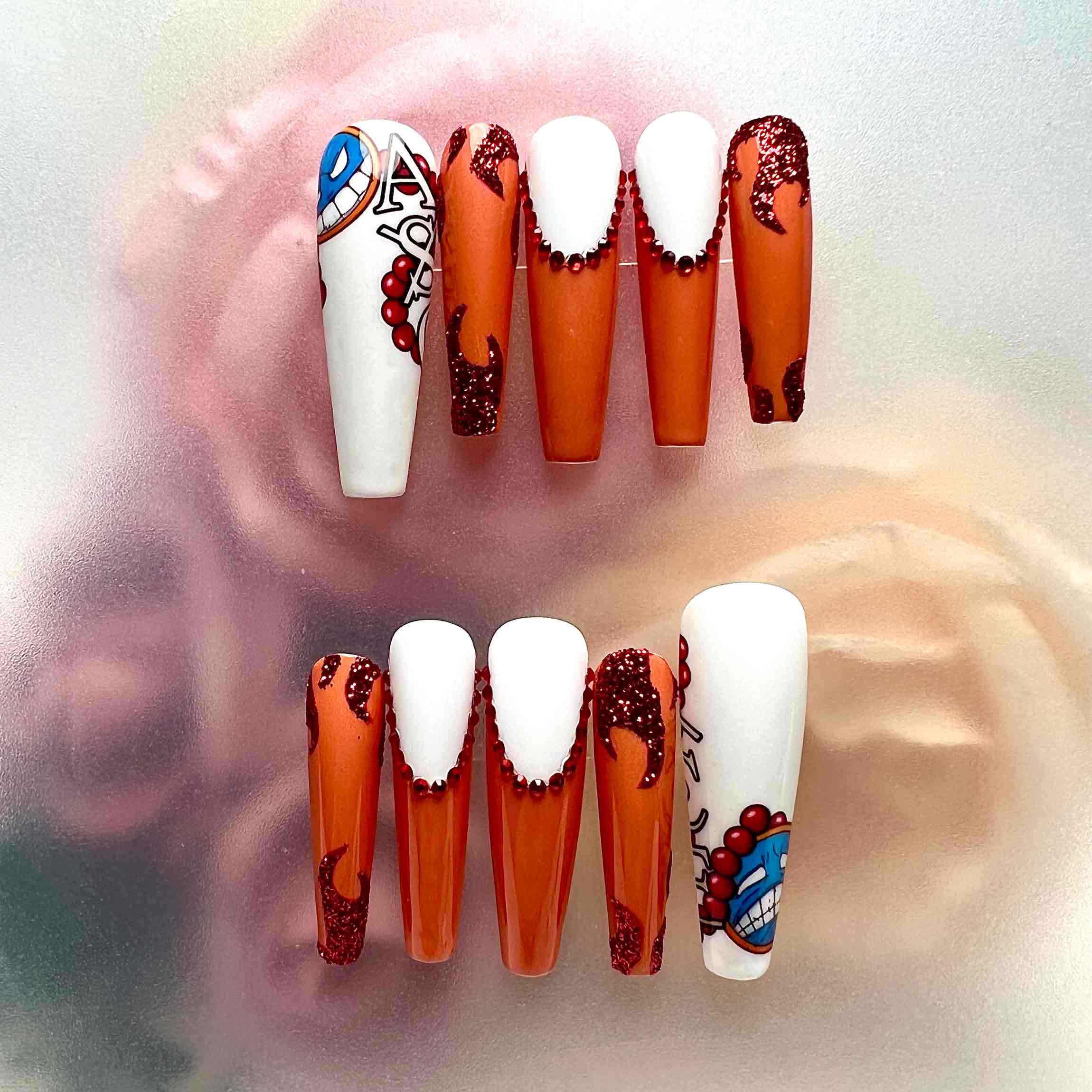 Portgas D. Ace Nails – One Piece Anime Press-On Set, 3D Red Gem, Fire Fist &amp; Orange Ombré Design | Dragonnail