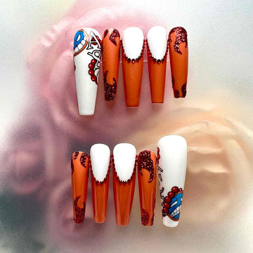Portgas D. Ace Nails – One Piece Anime Press-On Set, 3D Red Gem, Fire Fist &amp; Orange Ombré Design | Dragonnail