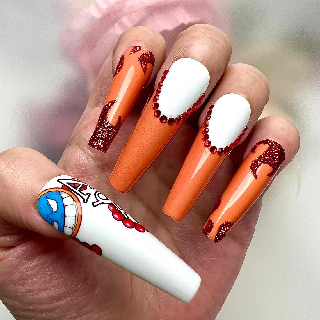 Portgas D. Ace Nails – One Piece Anime Press-On Set, 3D Red Gem, Fire Fist &amp; Orange Ombré Design | Dragonnail