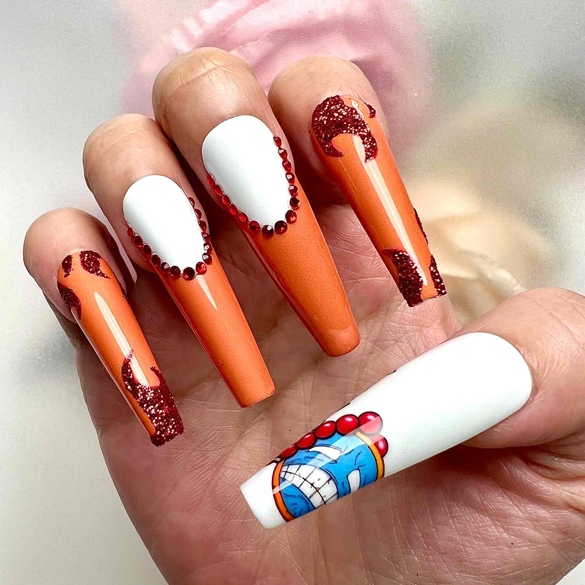 Portgas D. Ace Nails – One Piece Anime Press-On Set, 3D Red Gem, Fire Fist &amp; Orange Ombré Design | Dragonnail