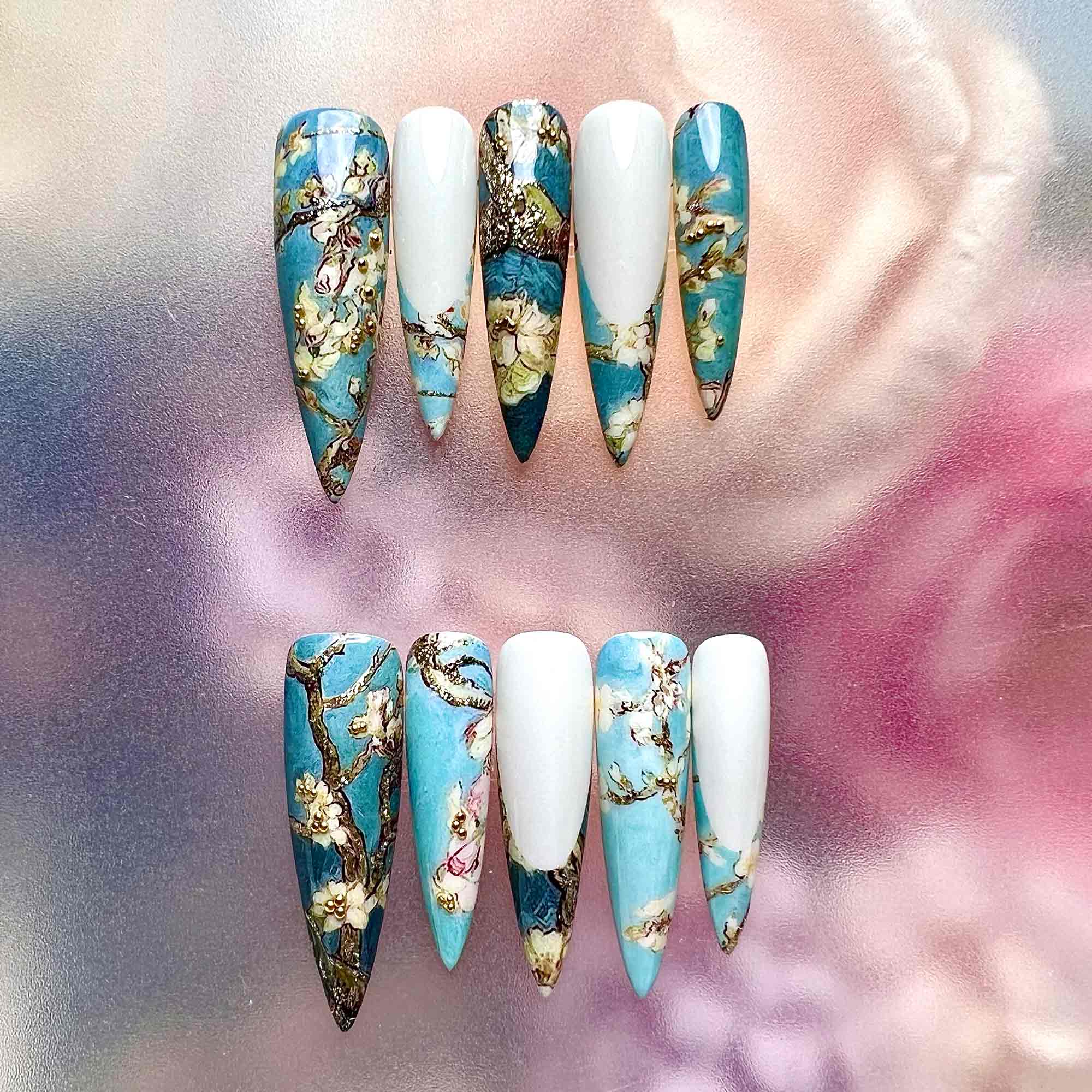 Van Gogh Almond Blossom Nails – Famous Art Press-On Set, Teal Blue Floral &amp; Gold Leaf Design | Dragonnail