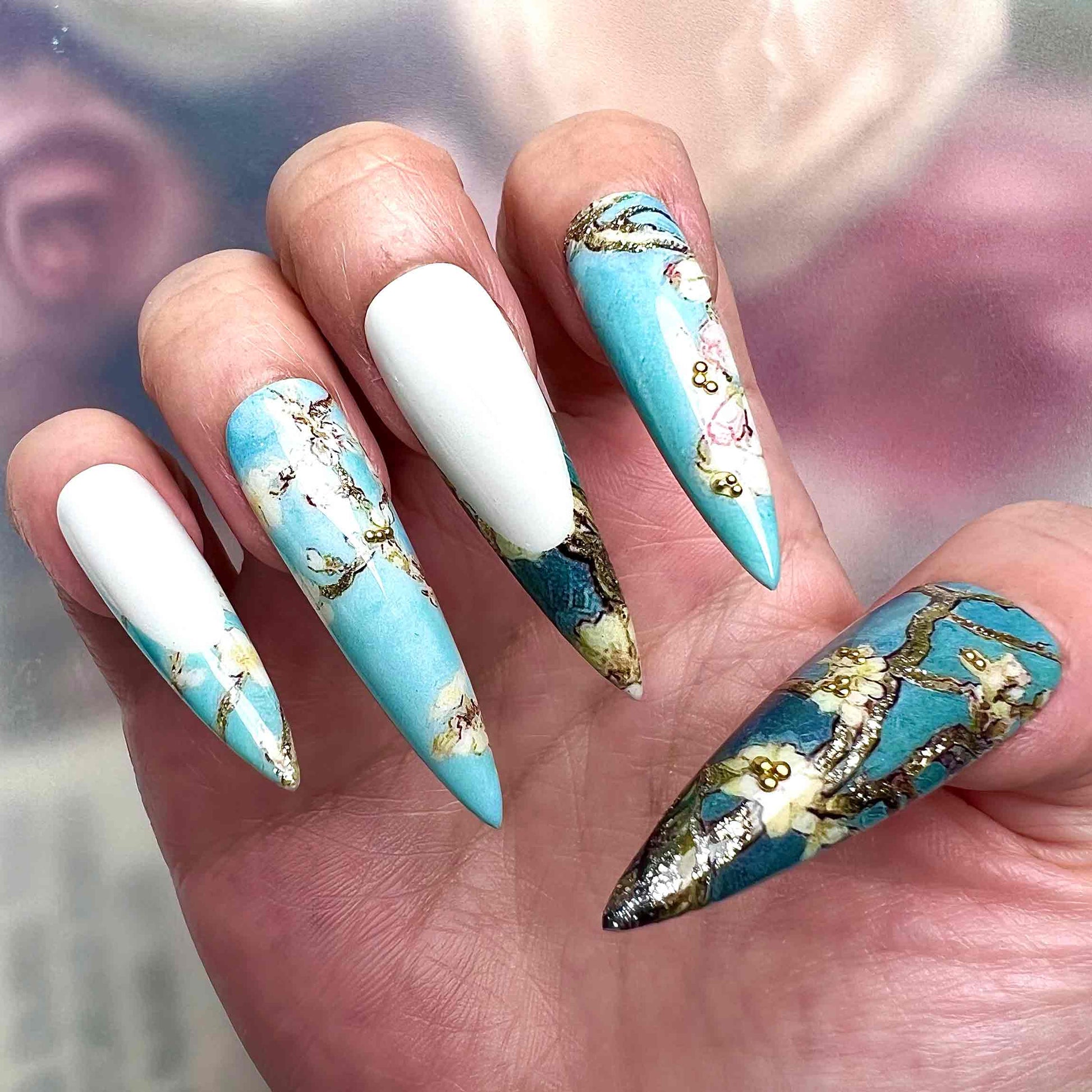 Van Gogh Almond Blossom Nails – Famous Art Press-On Set, Teal Blue Floral &amp; Gold Leaf Design | Dragonnail