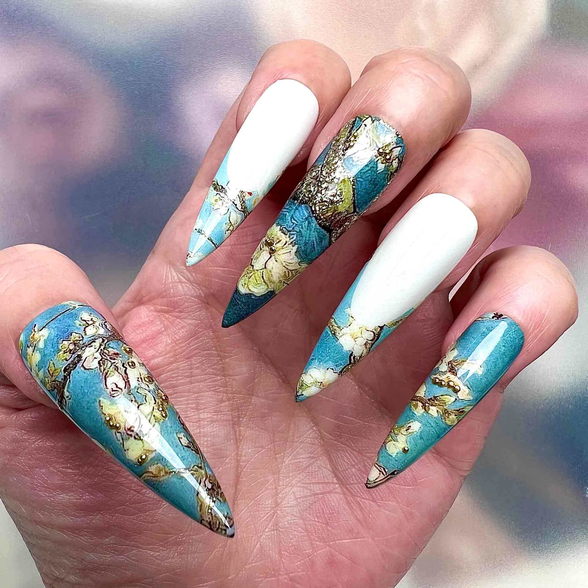 Van Gogh Almond Blossom Nails – Famous Art Press-On Set, Teal Blue Floral &amp; Gold Leaf Design | Dragonnail