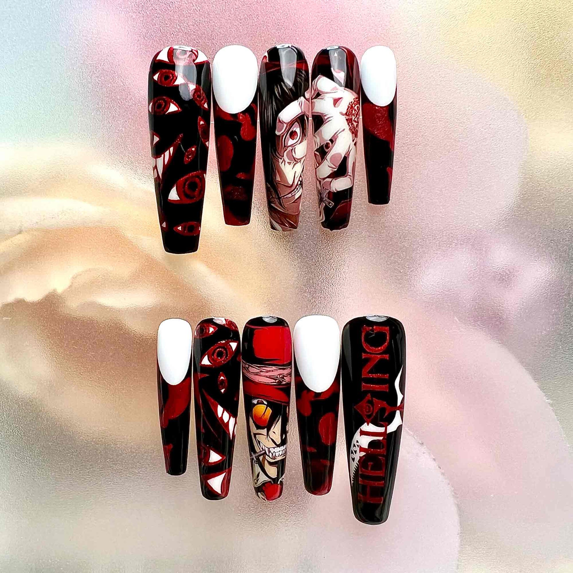 Hellsing Nails – Alucard &amp; Seras Victoria Press-On Set, Gothic Red Eye Anime Design | Dragonnail