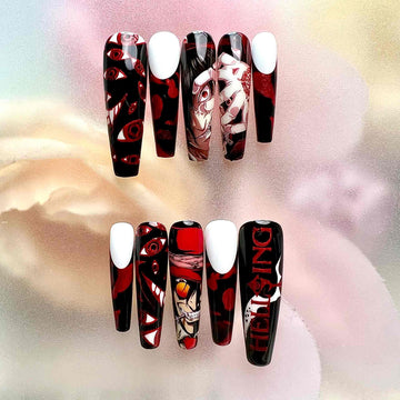 Hellsing Nails – Alucard &amp; Seras Victoria Press-On Set, Gothic Red Eye Anime Design | Dragonnail