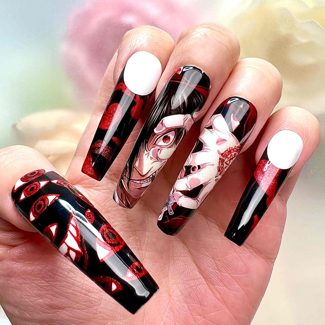 Hellsing Nails – Alucard &amp; Seras Victoria Press-On Set, Gothic Red Eye Anime Design | Dragonnail