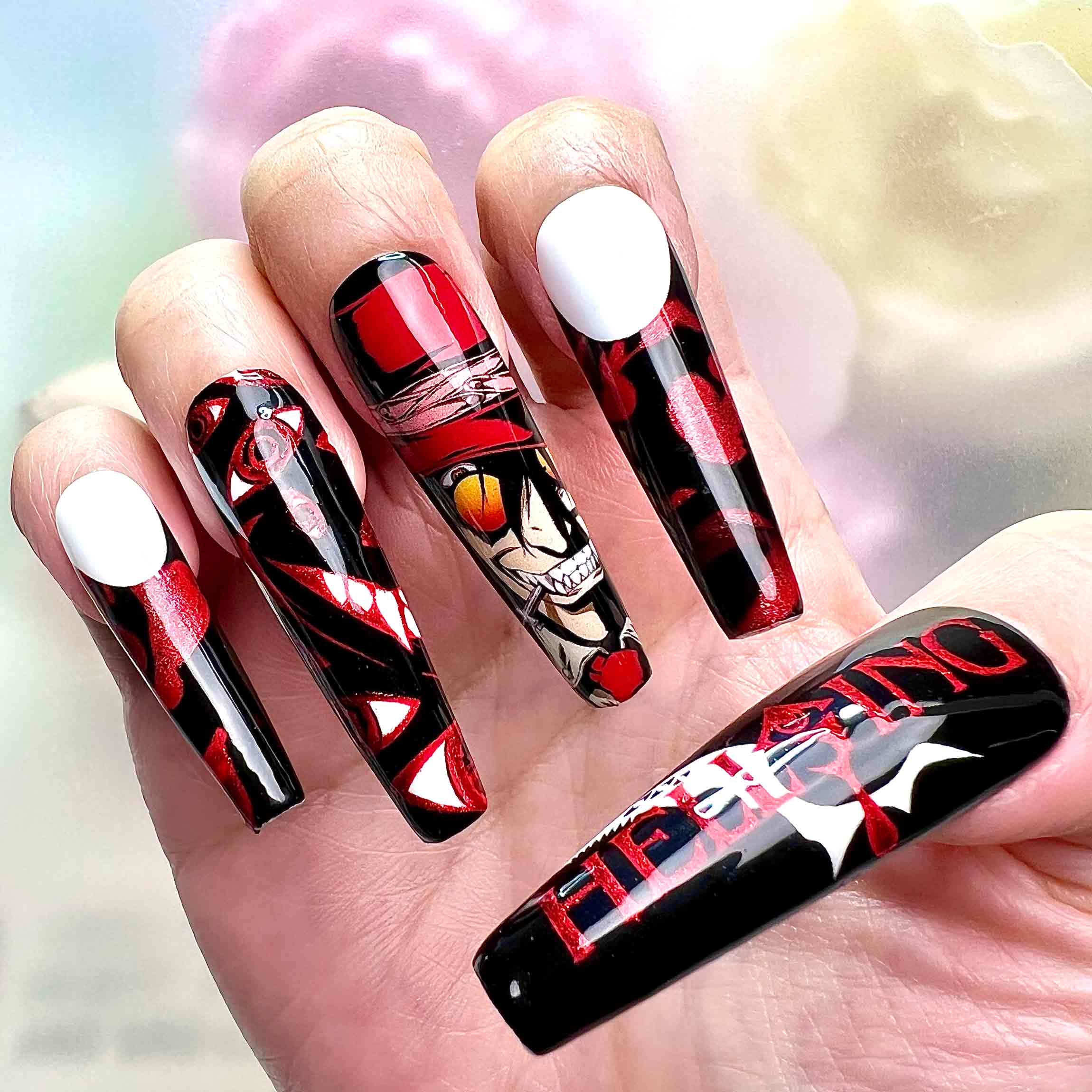 Hellsing Nails – Alucard &amp; Seras Victoria Press-On Set, Gothic Red Eye Anime Design | Dragonnail