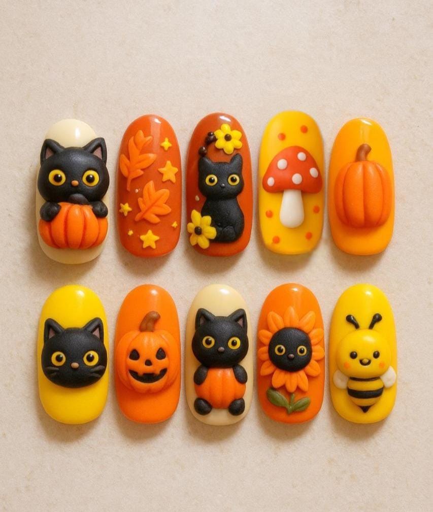 Autumn Cat Press On Nails Halloween Cat Nails Pumpkin Mushroom 3d Cat Nail Art Cat Lover Gifts Handmade Kawaii Nail Fall Vibes Nails Dragonnail