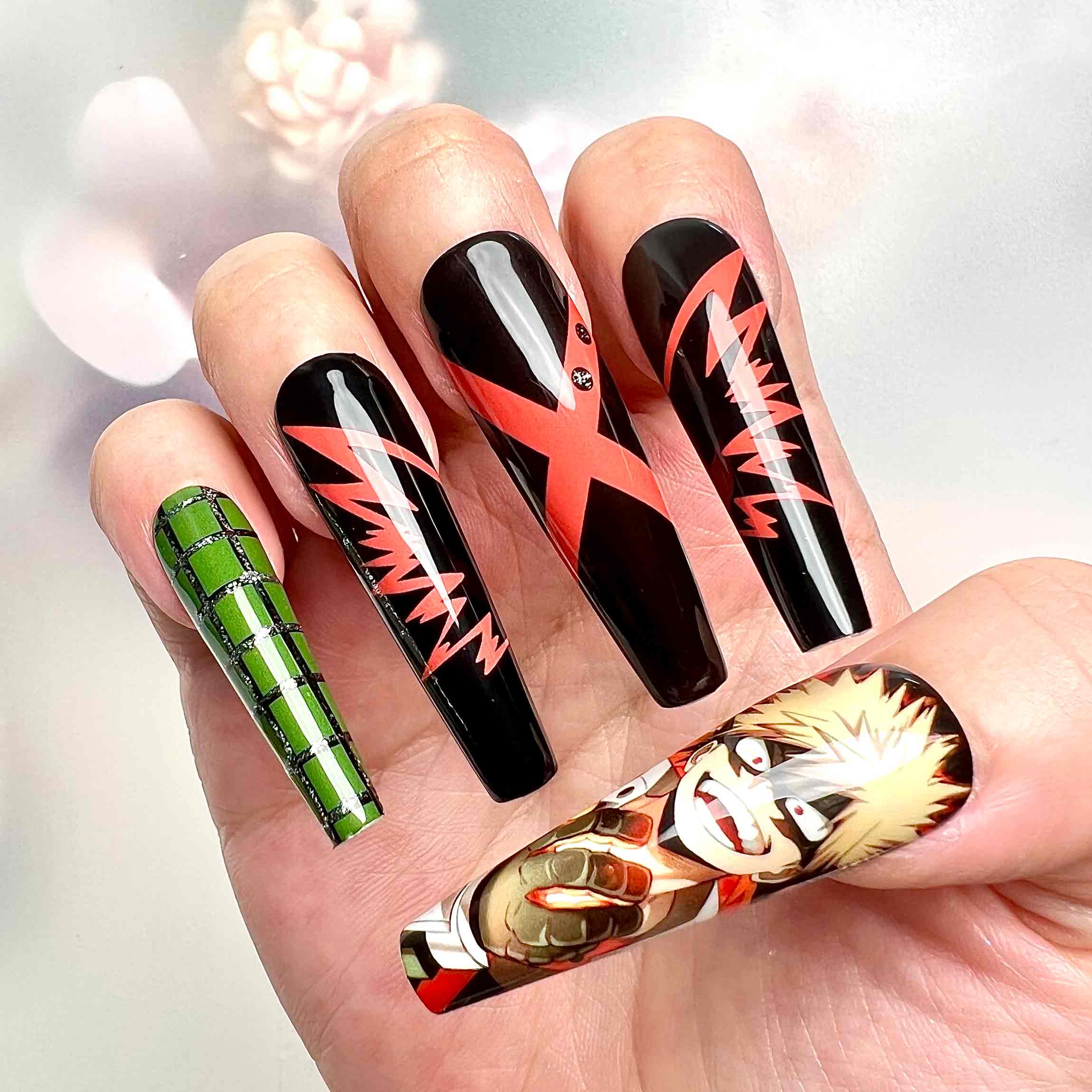 Katsuki Bakugo Nails – My Hero Academia MHA Press-On Set, 3D Grenade &amp; Explosion Anime Design | Dragonnail