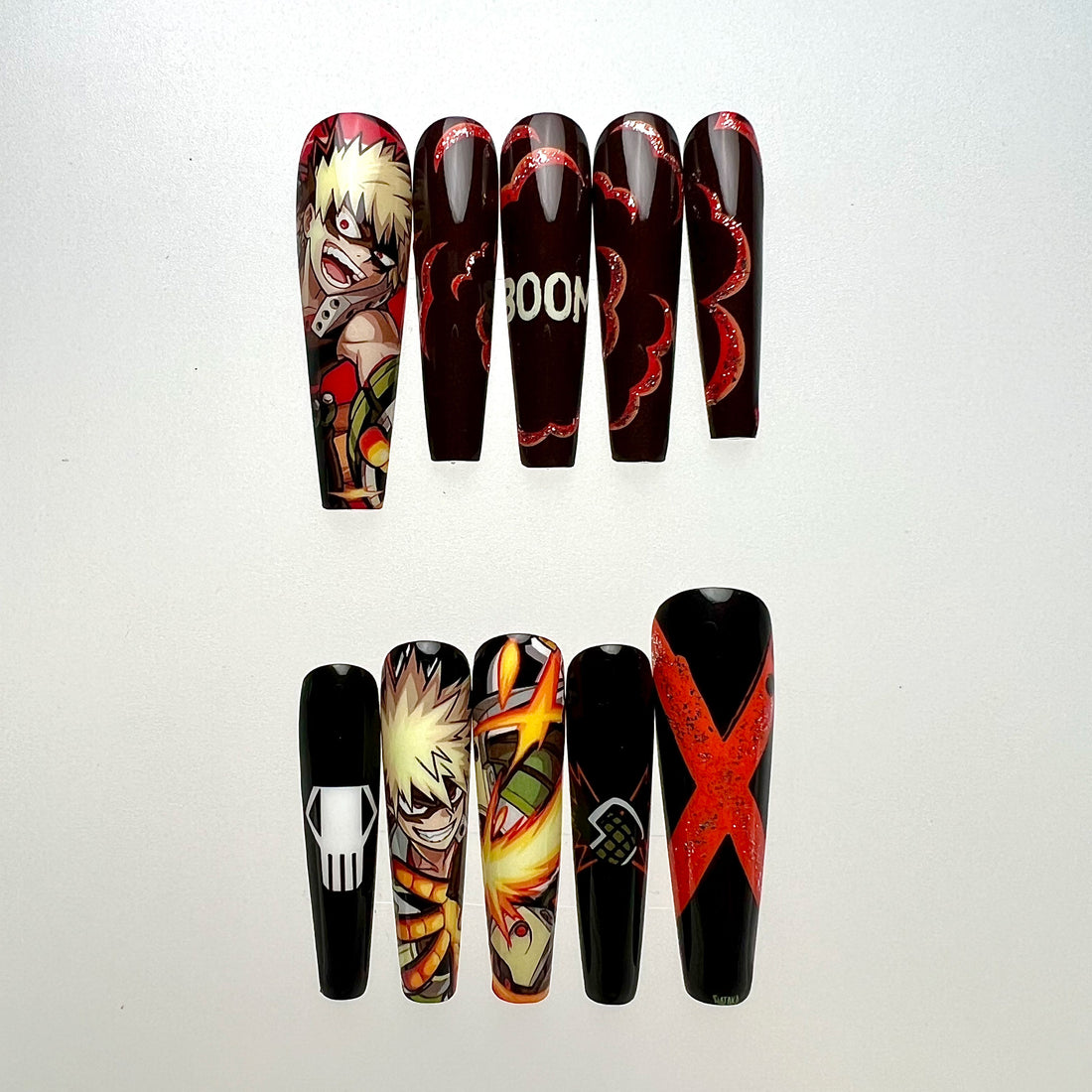 Katsuki Bakugo Nails – My Hero Academia MHA Press-On Set, "BOOM" Explosion Anime Design | Dragonnail