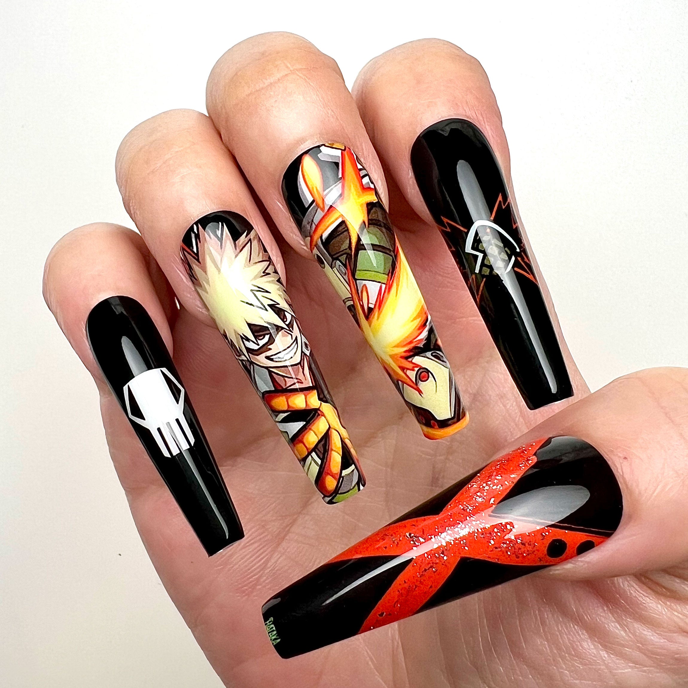 Katsuki Bakugo Nails – My Hero Academia MHA Press-On Set, "BOOM" Explosion Anime Design | Dragonnail