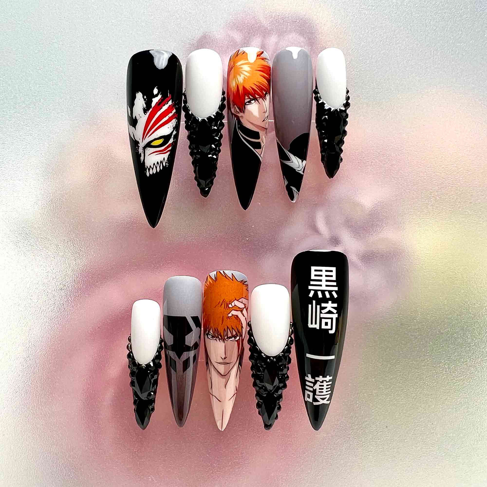Ichigo Kurosaki Nails – Bleach Anime Press-On Set, 3D Black Gem &amp; Hollow Mask Design | Dragonnail