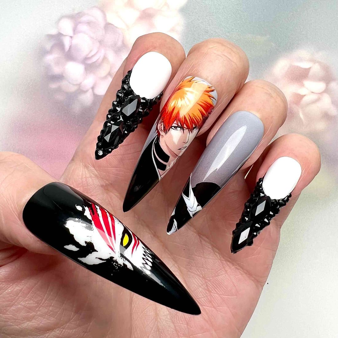 Ichigo Kurosaki Nails – Bleach Anime Press-On Set, 3D Black Gem &amp; Hollow Mask Design | Dragonnail