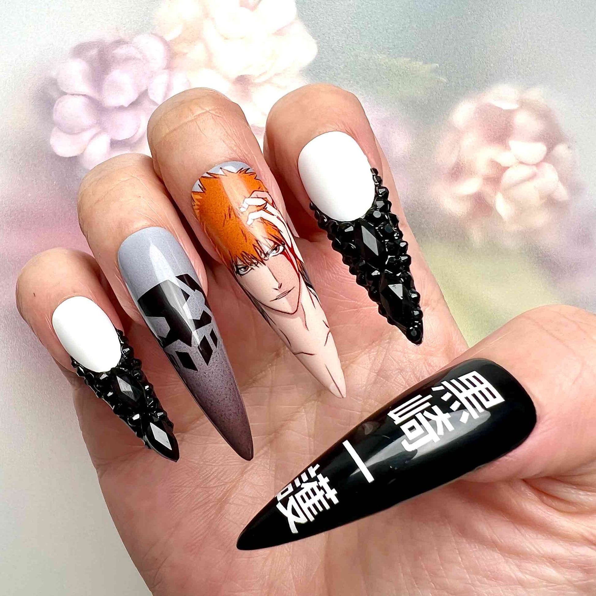 Ichigo Kurosaki Nails – Bleach Anime Press-On Set, 3D Black Gem &amp; Hollow Mask Design | Dragonnail