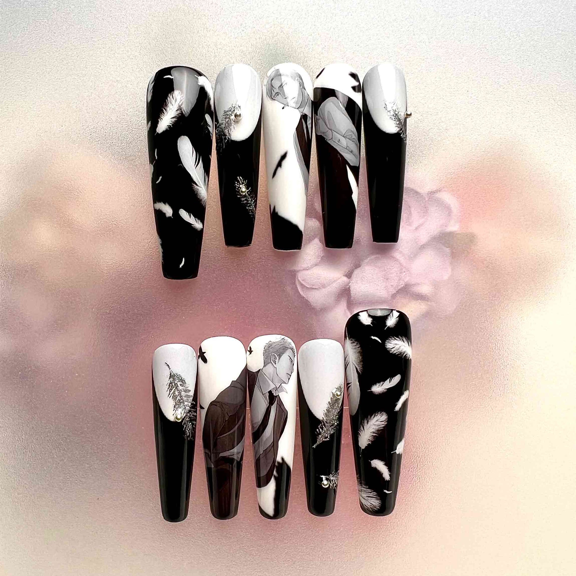 Lucifer Nails – Case File Compendium Donghua Press-On Set, 3D Feather &amp; Monochrome Angel Design | Dragonnail