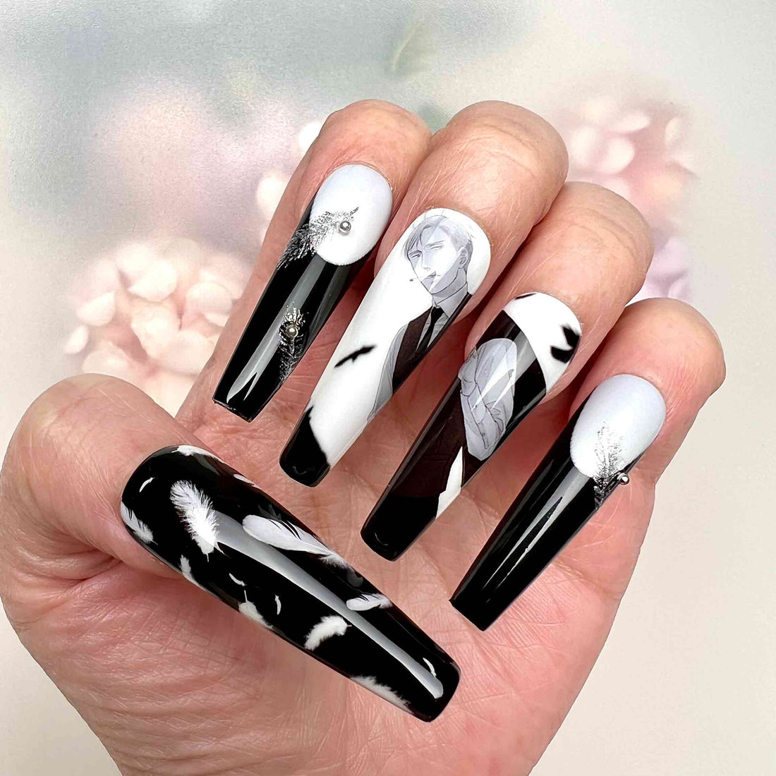 Lucifer Nails – Case File Compendium Donghua Press-On Set, 3D Feather &amp; Monochrome Angel Design | Dragonnail