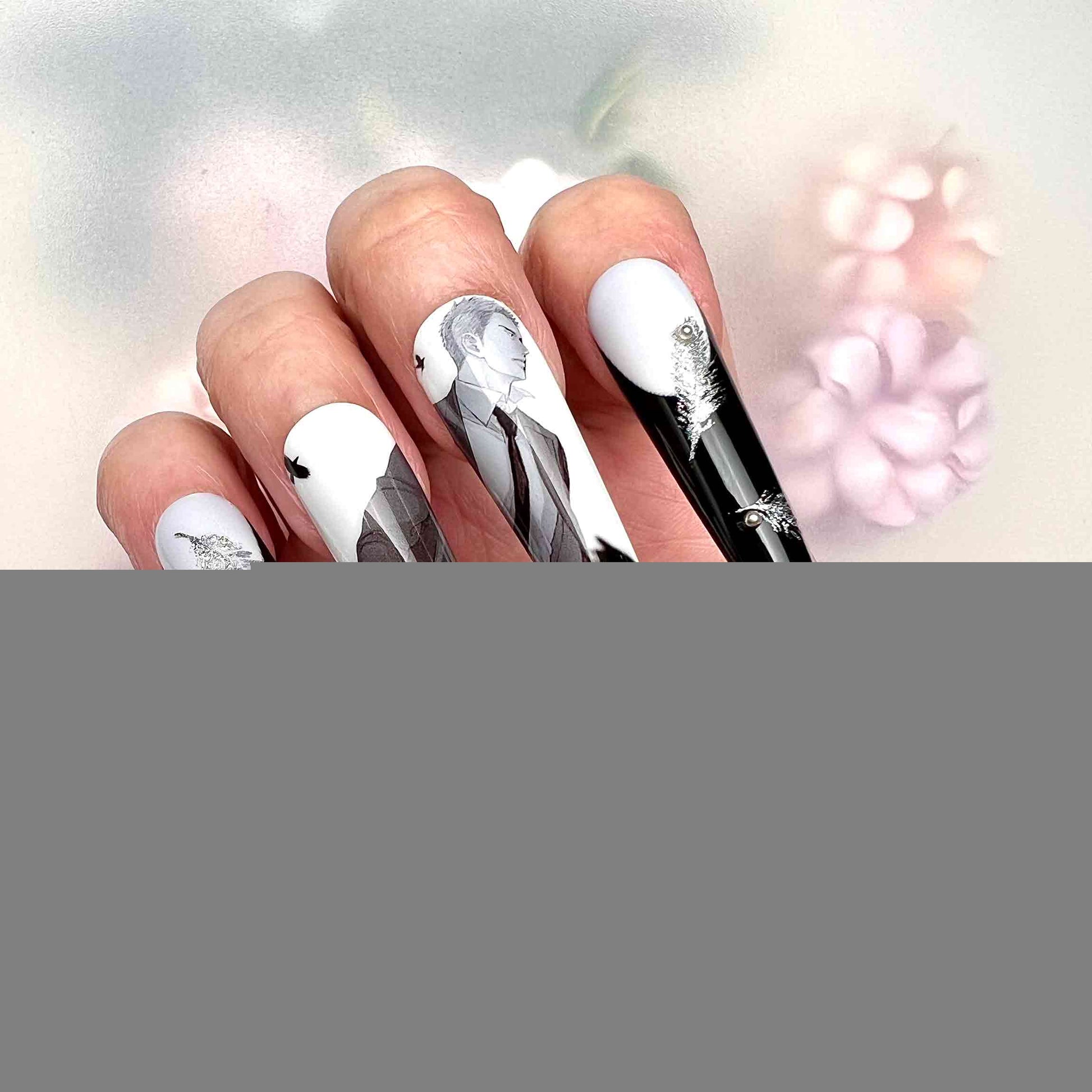 Lucifer Nails – Case File Compendium Donghua Press-On Set, 3D Feather &amp; Monochrome Angel Design | Dragonnail