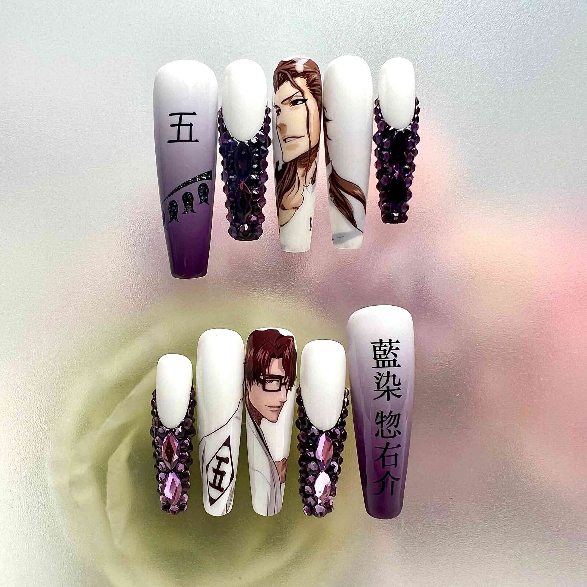 Sōsuke Aizen Nails – Bleach Anime Press-On Set, 3D Purple Gem &amp; Captain 5 Kanji Design | Dragonnail