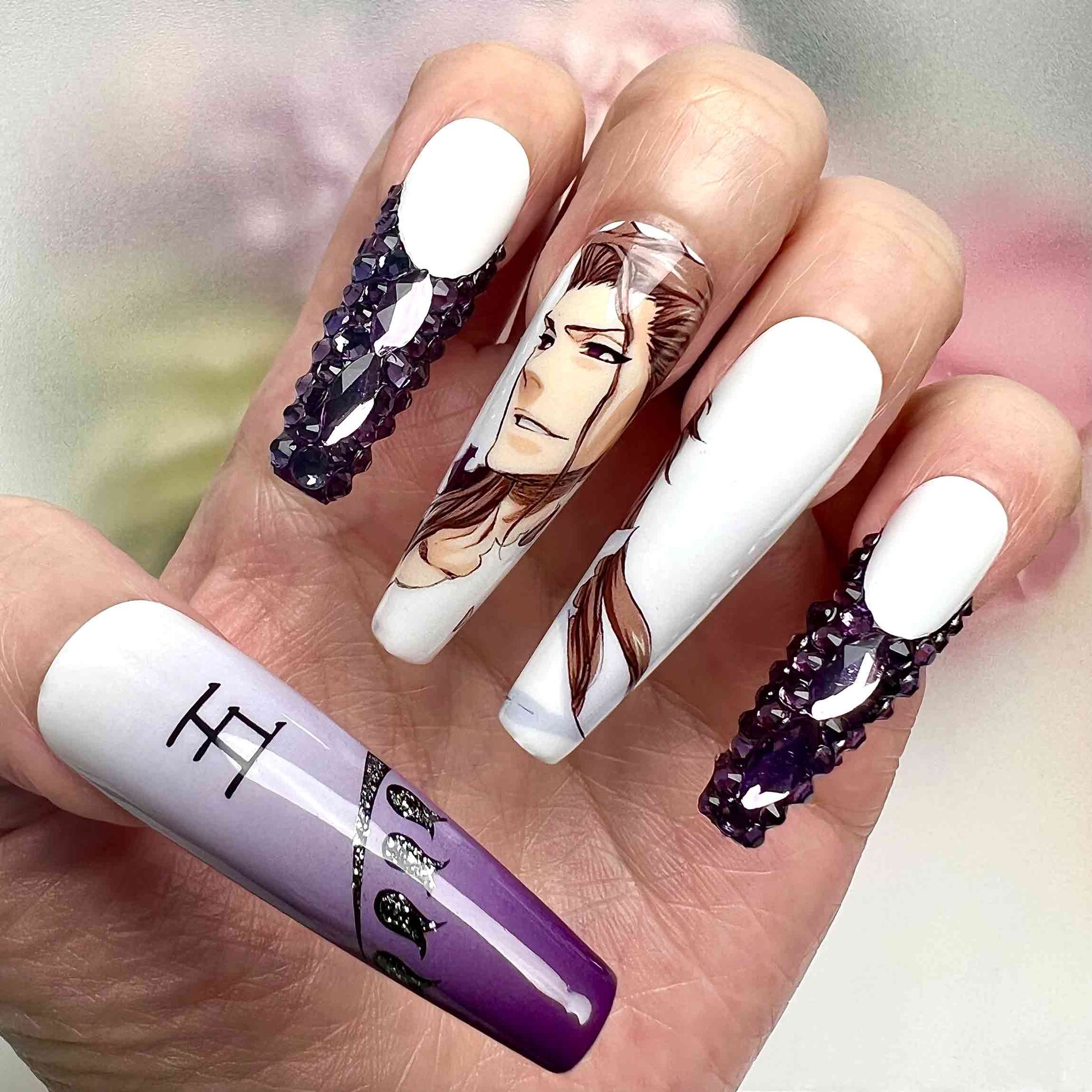 Sōsuke Aizen Nails – Bleach Anime Press-On Set, 3D Purple Gem &amp; Captain 5 Kanji Design | Dragonnail