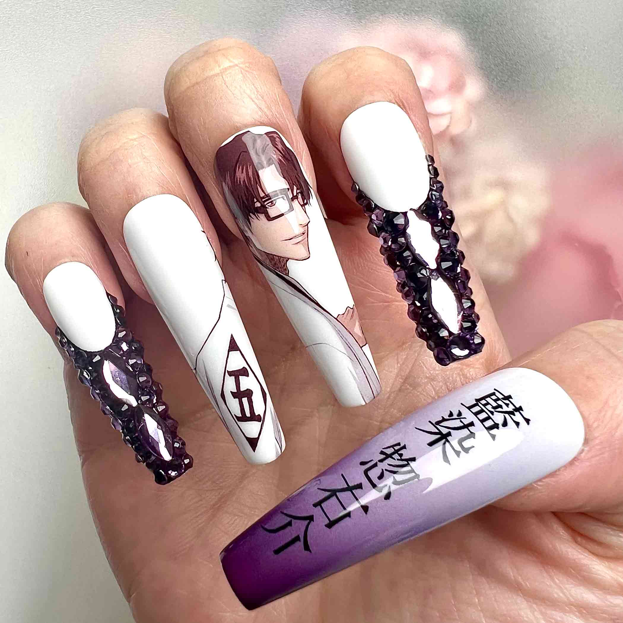 Sōsuke Aizen Nails – Bleach Anime Press-On Set, 3D Purple Gem &amp; Captain 5 Kanji Design | Dragonnail