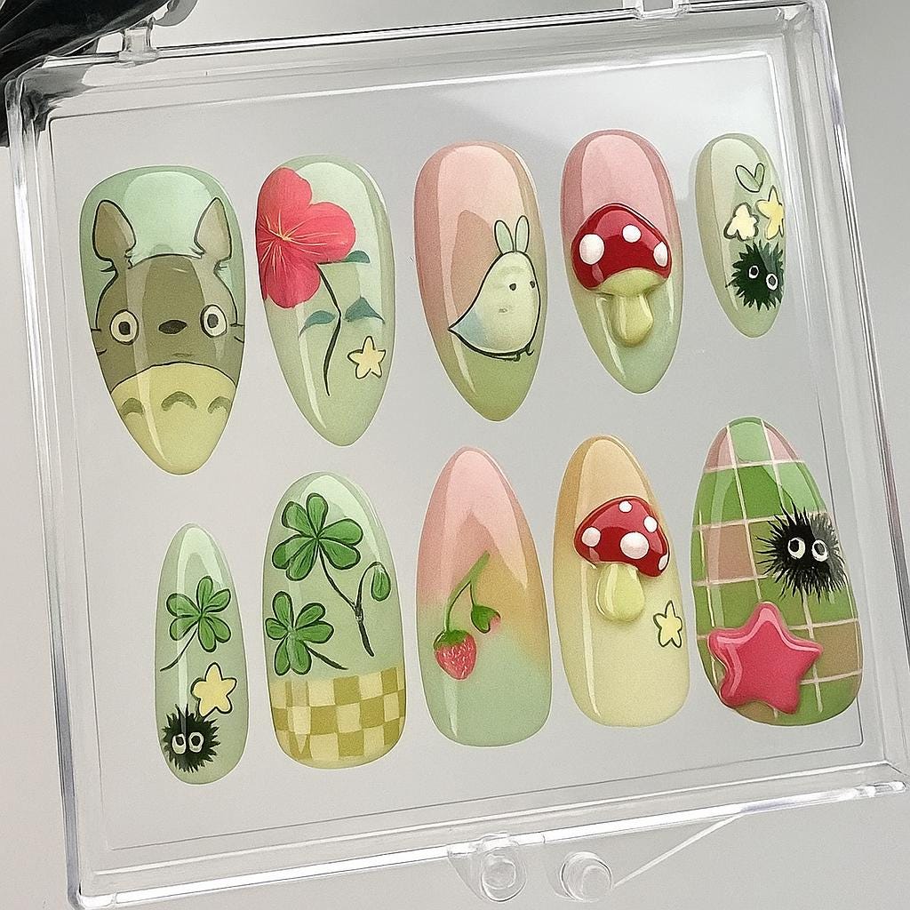 Cartoon Mushroom Press On Nails Tororo Nails Cartoon Inspired Nails Spirited Away Nails Cottagecore Nails 3d Nail Art Dragonnail